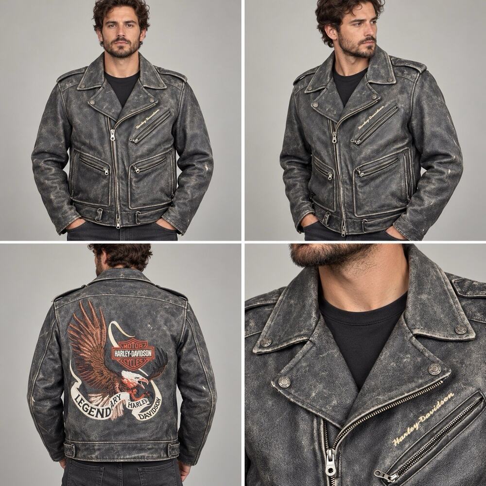 Harley Davidson Leather Motorcycle Jacket Distressed Eagle Back Black Mens Large
